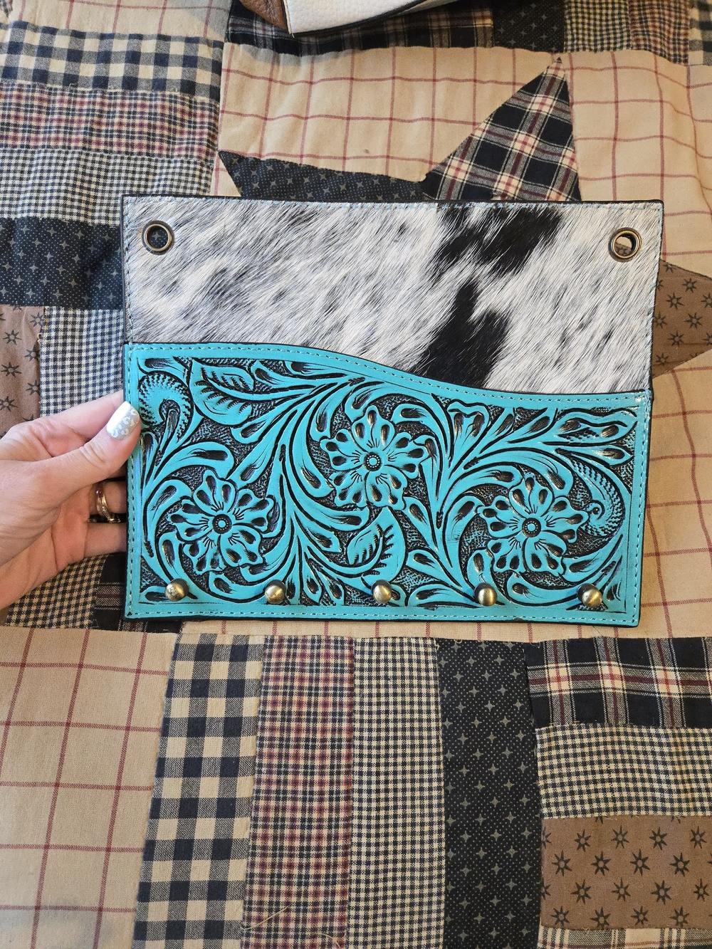 Turquoise Floral Tooled Genuine Leather & Cowhide Organizer